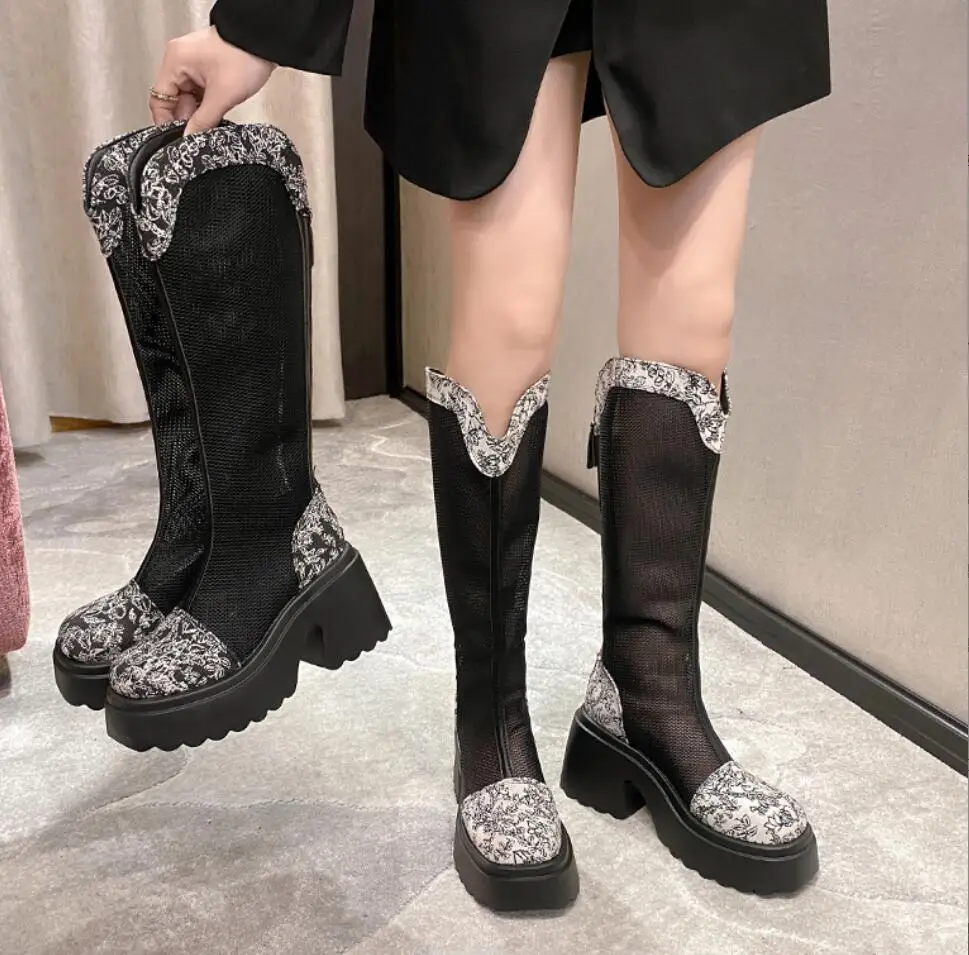 Summer Embroidery Mesh High Knight Boots Thick Bottom Hollow V-mouth High Platform 9CM Boots Fashion Street Chunky Women Shoes