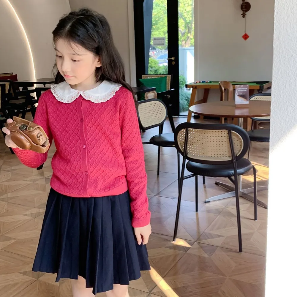 Autumn 2026 baby clothes kids girls coat Full Wool Herringbone Wine Red Wool Cardigan Skin-friendly and warm sweater knitwear