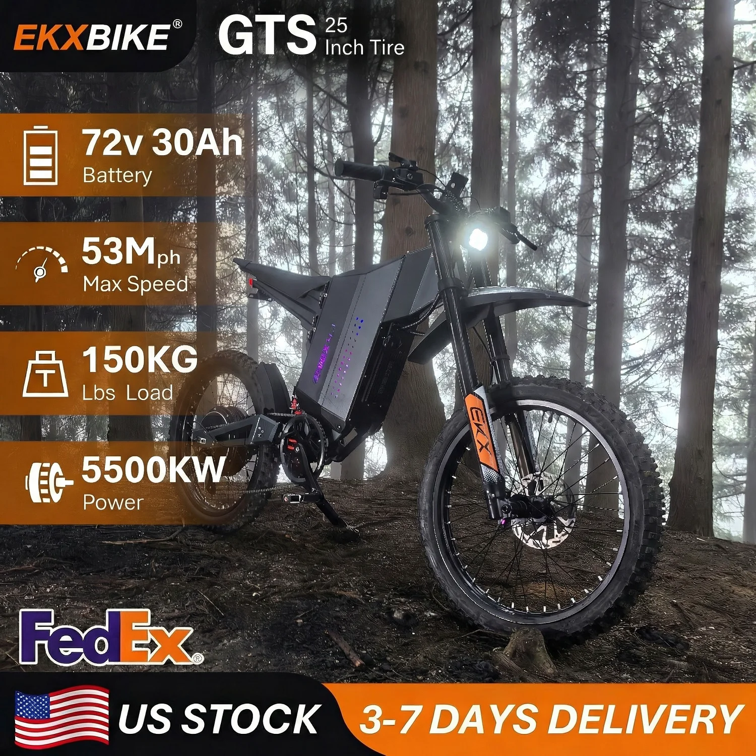 

Электровелосипед EKXBIKE GTS для взрослых, 8000 Вт (пиковая мощность), электрический кроссовый мотоцикл с аккумулятором 72В 30Ач