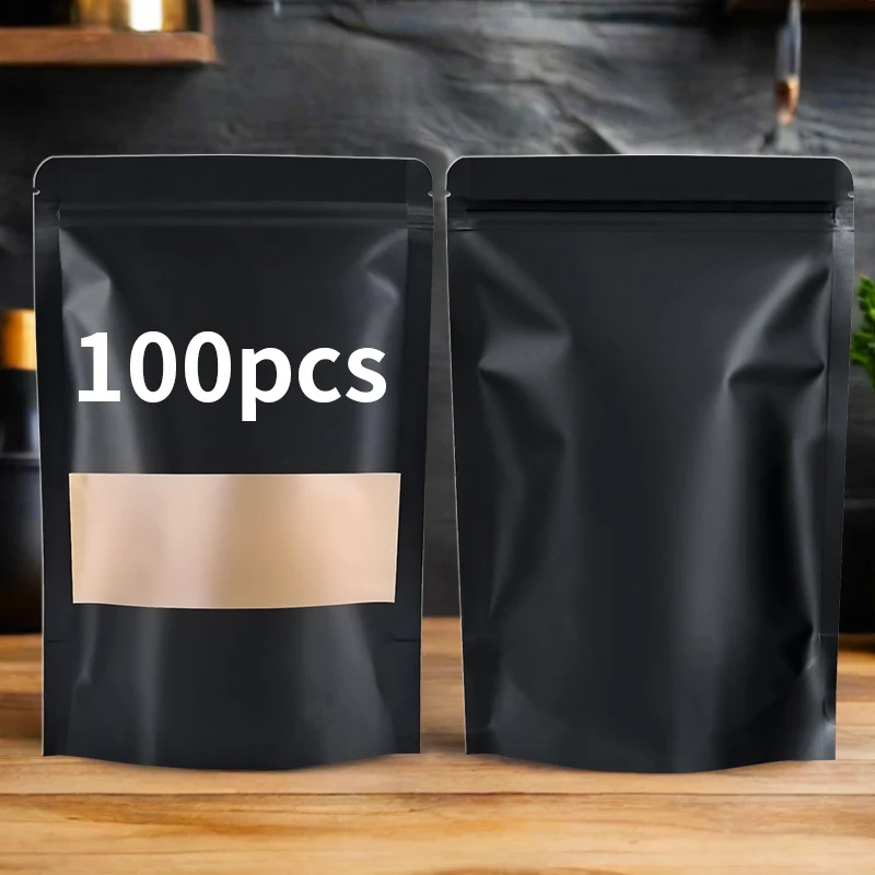 100 sztuk hurtowych czarnych papierowych torebek stojących z okienkiem wielokrotnego użytku do pakowania żywności z zamkiem błyskawicznym do przechowywania, ciastek, przekąsek