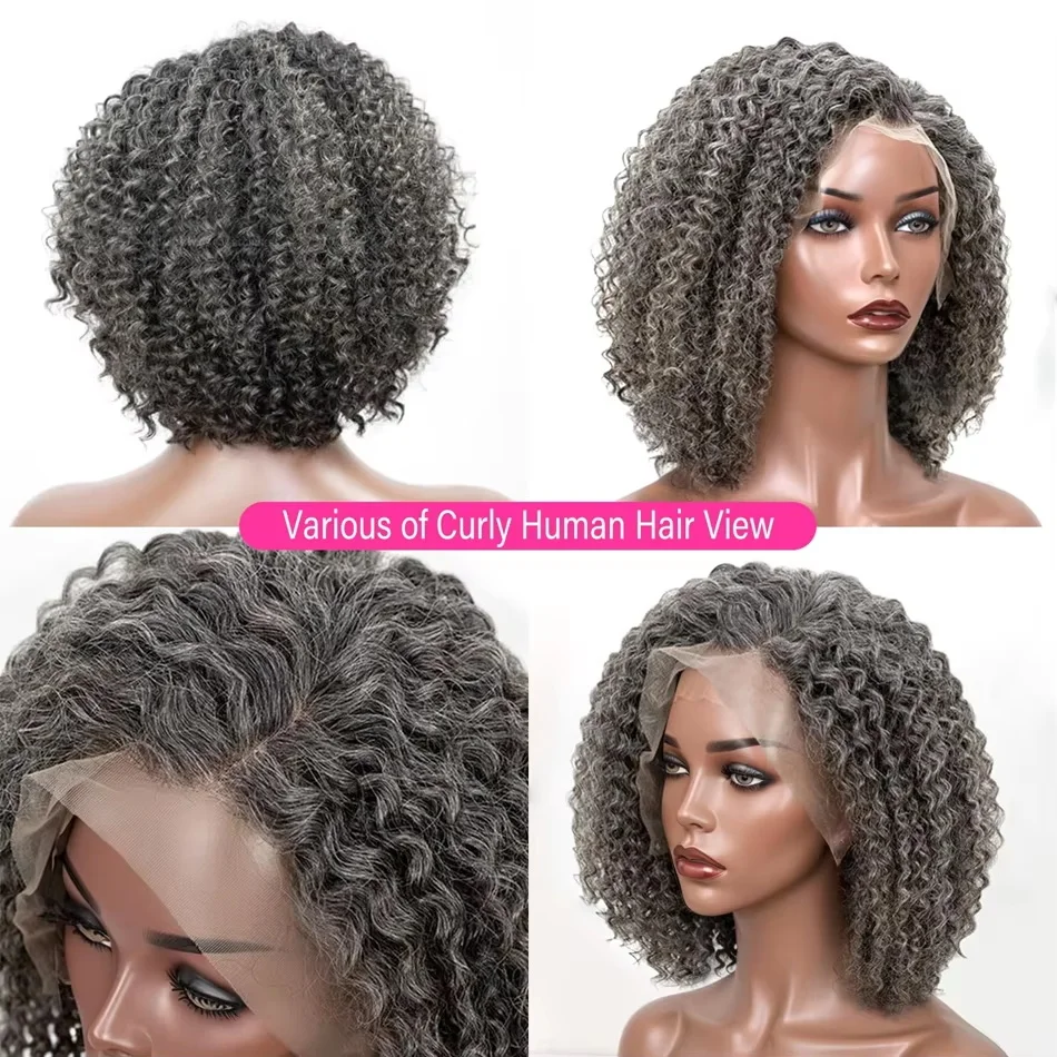 Zout- en peperpruiken 100% echt haar grijze haarkant diepe golf krullende bobpruik HD transparant kant grijze pruiken 12 inch voor vrouwen