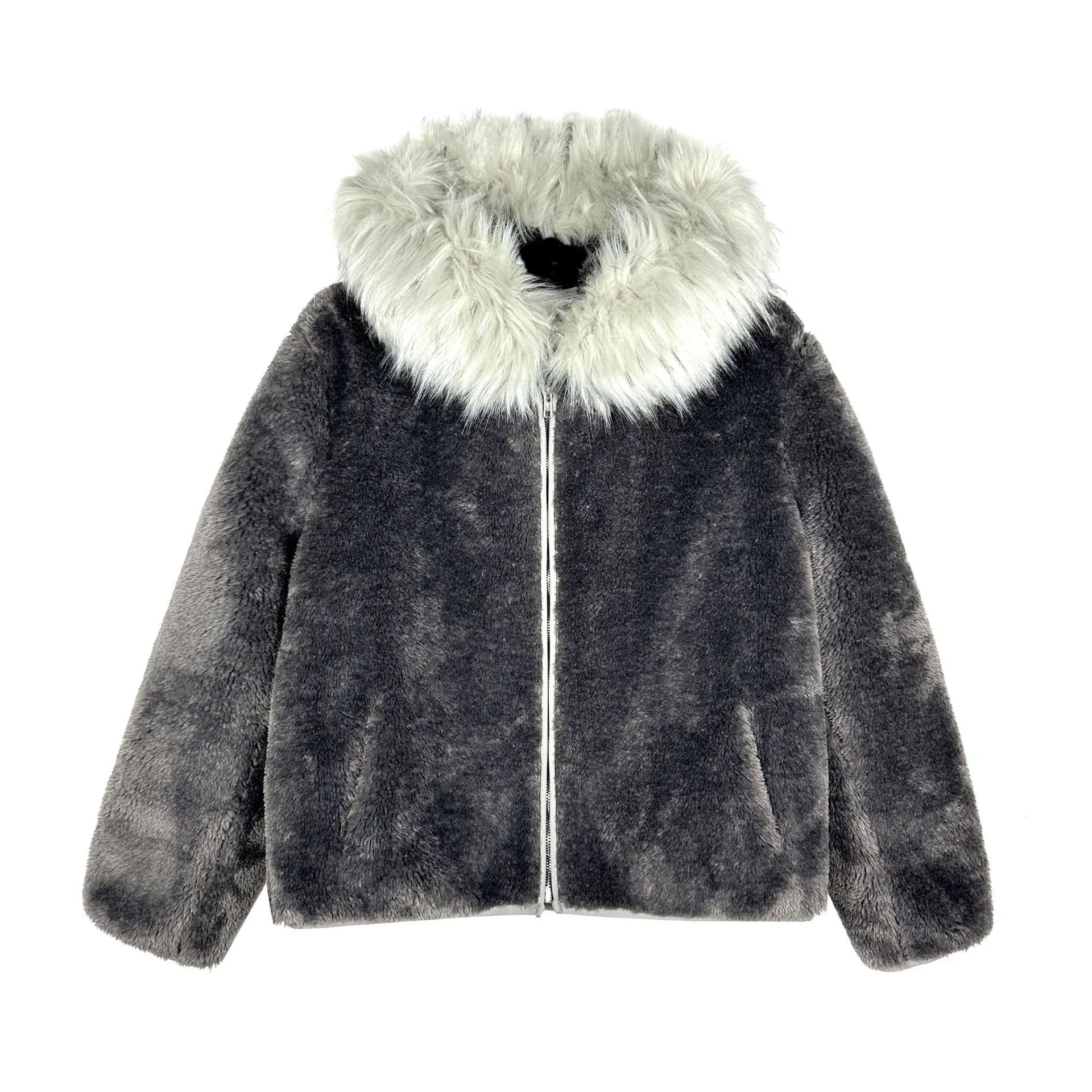 

American Detachable Fur Collar Short Silhouette Large Hooded Fur Jacket Men's and Women's Lambwool Zipper Jacket Trendy Top