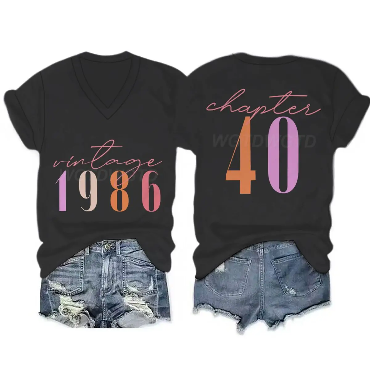 Women's 40th Birthday Short Sleeve Graphic Tee Vintage 1986 Chapter 40 Double-Sided Print V Neck T-Shirt Chapter 40 Classic Tops