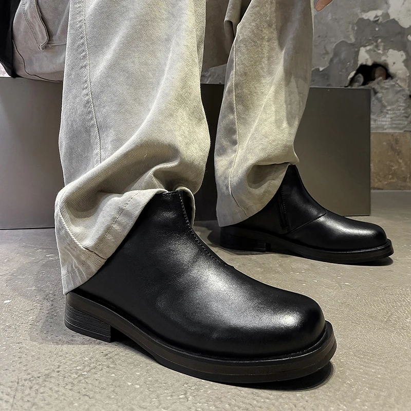 New Chelsea Boots for Men Solid Color Toe Square Toe Side Zipper Casual Low Cut Men Boots Classic Fashion Versatile Style