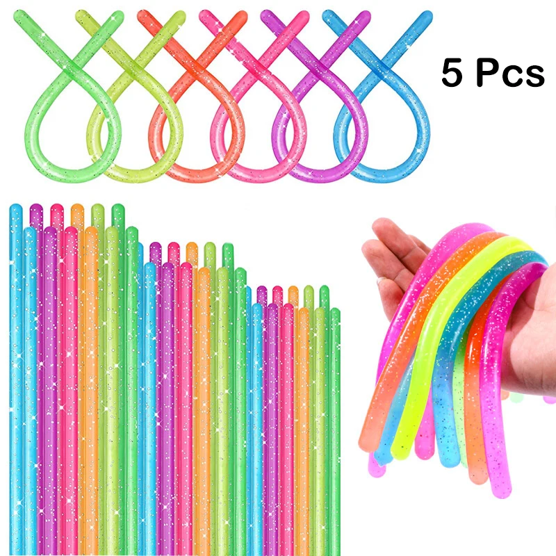 

5Pcs Novelty Rainbow Colored Noodles Lala Le Creative Fun TPR Rope Pulling Noodle Rope Children Adult Stress Relief Toys