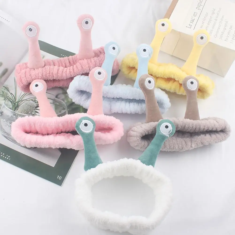 Cartoon Big Eye Snail Headband For Washing Face Cute Elastic Snail Makeup Hair Band Soft Coral Fleece Hairbands For Women Girls