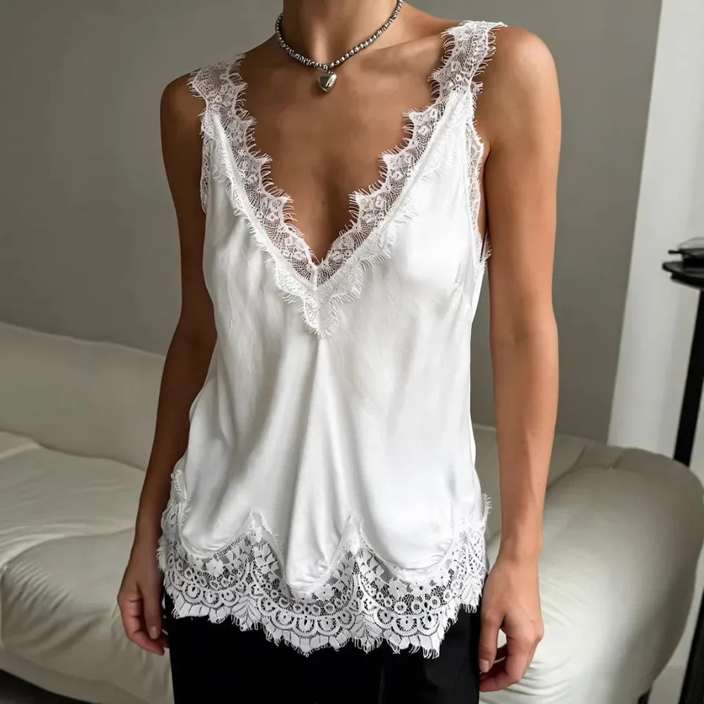 Women Spring Summer Lace Trim Sleeveless Top, Sexy Elegant Solid Tank T Shirt, Fashion Casual Slim Blouse for Women