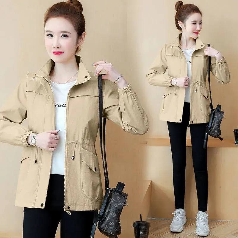 Short Coats Women's 2022 New Spring Autumn Jackets Slim Fit Tether Stand Collar Zipper Solid Splicing Casual Outwear Female Tops
