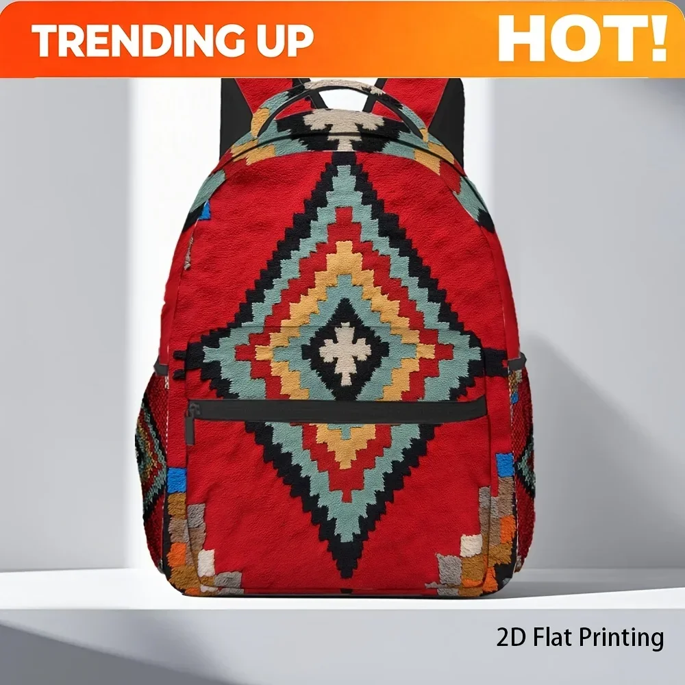 Custom Bag 1pc Bohemian Southwest Ethnic Rug Pattern Bookbag - Southwest Style Backpack Suitable For, Travel & Daily Use - Light