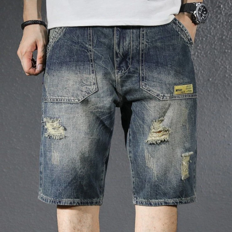 Man Denim Shorts Long Cargo Bermuda Short Jeans Pants for Men Half with Pockets Ripped Thin Korean Fashion Sale Streetwear Jorts