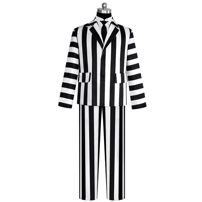 Anime Cosplay Costume Black and White Striped Suit Jacket Shirt Pants Uniform Halloween Party Outfits for Adult Men Cosplay