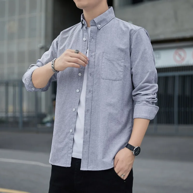 2025 Spring and Autumn Men Long-sleeved Slim Shirts Solid Color Versatile Business Casual Tops Cotton
