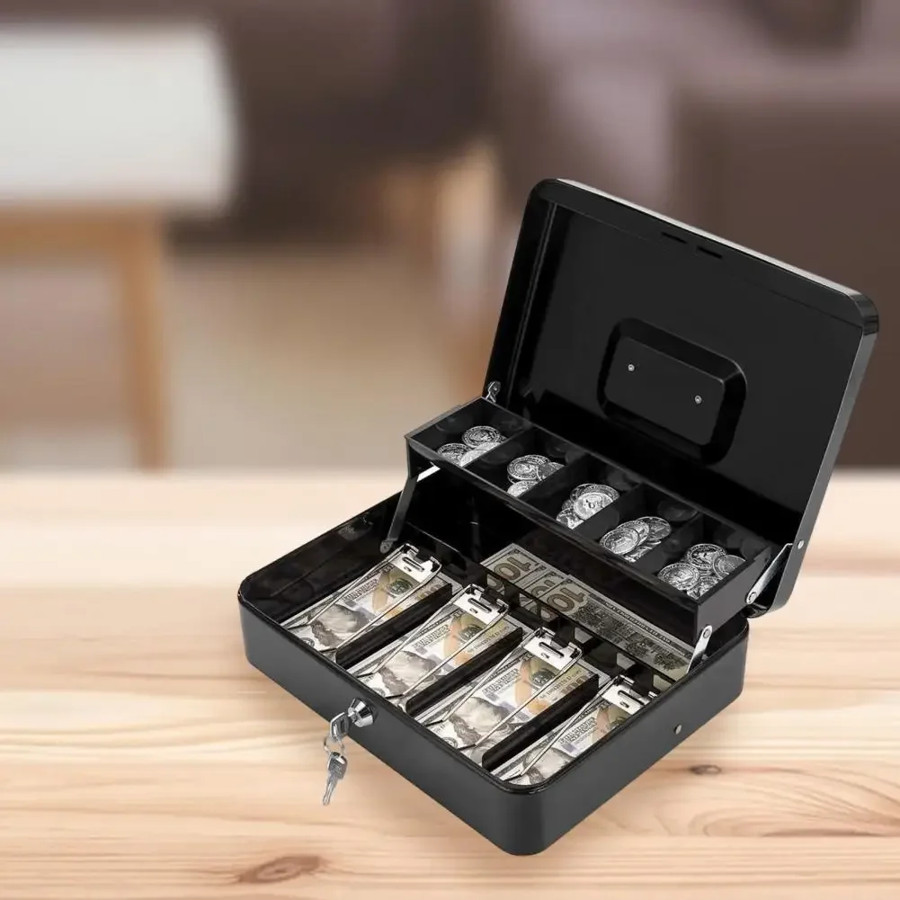 Cash Box Secure Cash Storage Box with Lock Metal Money Box with Cash Tray Capacity Multi-compartments Portable Safe for Home