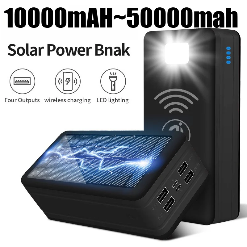 50000mAh Solar Power Bank with Wireless Charging High-Capacity Portable Outdoor Charger Equipped with LED for IPhone 16/15 Pro