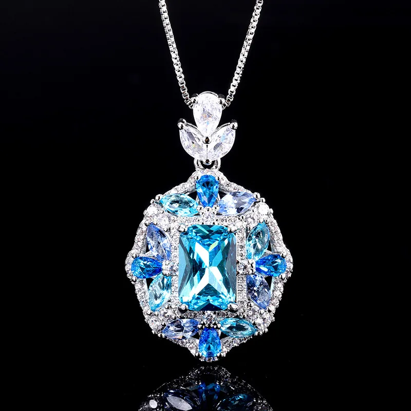 S925 Silver Plated 18K Gold Plated PT950 Platinum Topaz Blue Ring Necklace Set Creative Full Diamond Luxury Inlaid Main 8*12