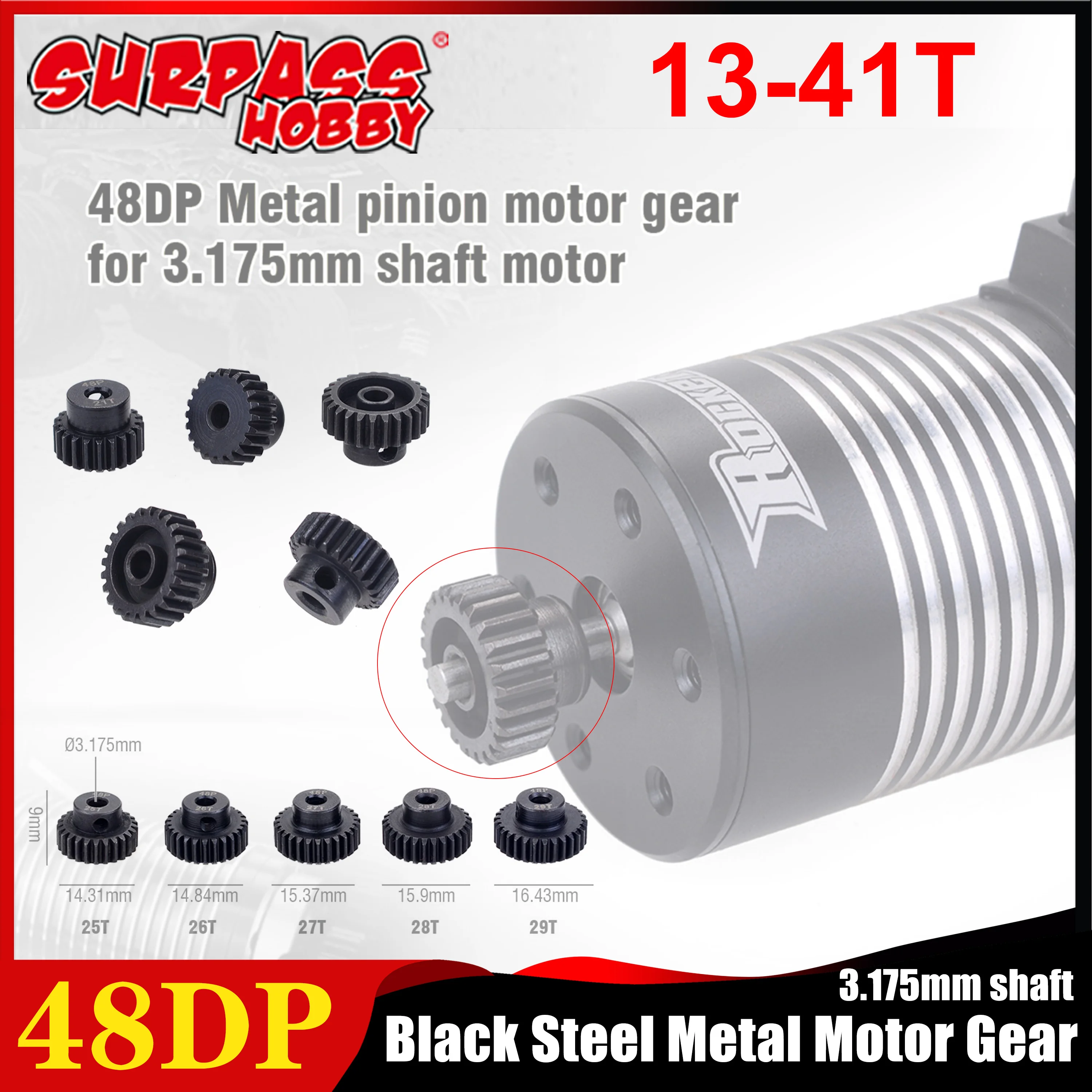 

SURPASS HOBBY 48DP 13T-41T Black Steel Metal Pinion Motor Gear 3.175mm Shaft for 1/18 1/16 1/12 1/10 RC Car Model Motor Parts