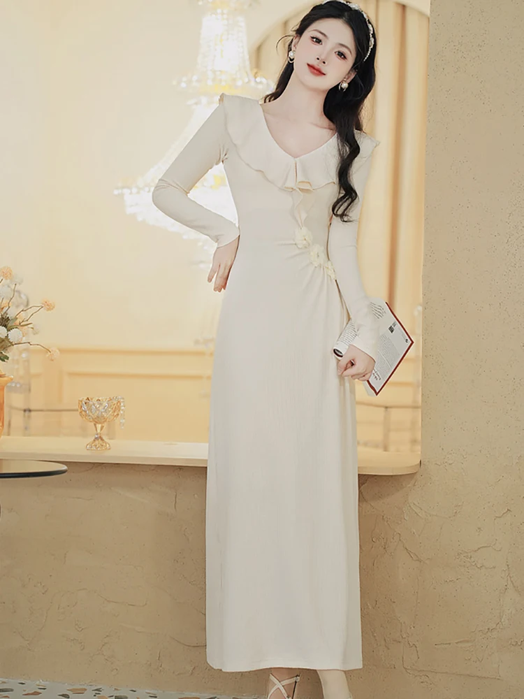 

Autumn Winter Solid Knitted Ruffled V-Neck Long Dress Women Elegant Bodycon Casual Home Dress 2025 Korean Vintage Evening Dress