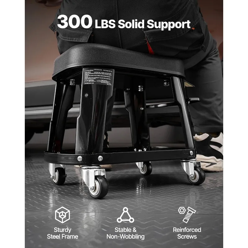 Mechanic Stool 300lbs Garage Seat with Wheels 360° Swivel Rolling Workshop Stool with Tool Tray for Garage, Shop Repair