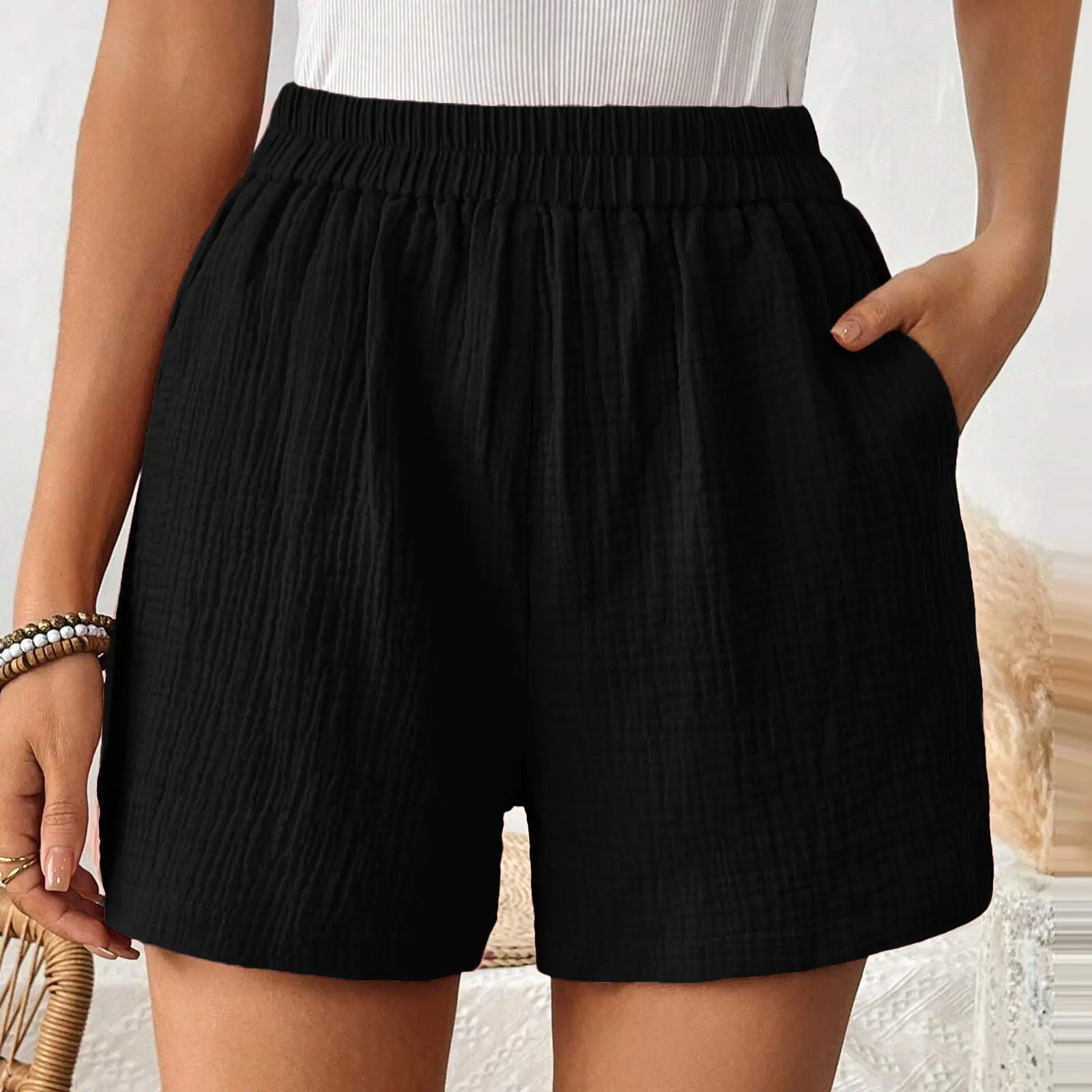 Women\'s Double Layered Cotton Pleats Shorts Straight Leg Casual Pants High Waist Sports Loose Shorts Fashion Streetwear 2024