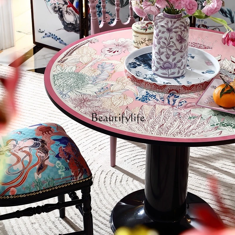 

Small apartment Chinese retro round dining table art living room home dining table leisure table 1 meter