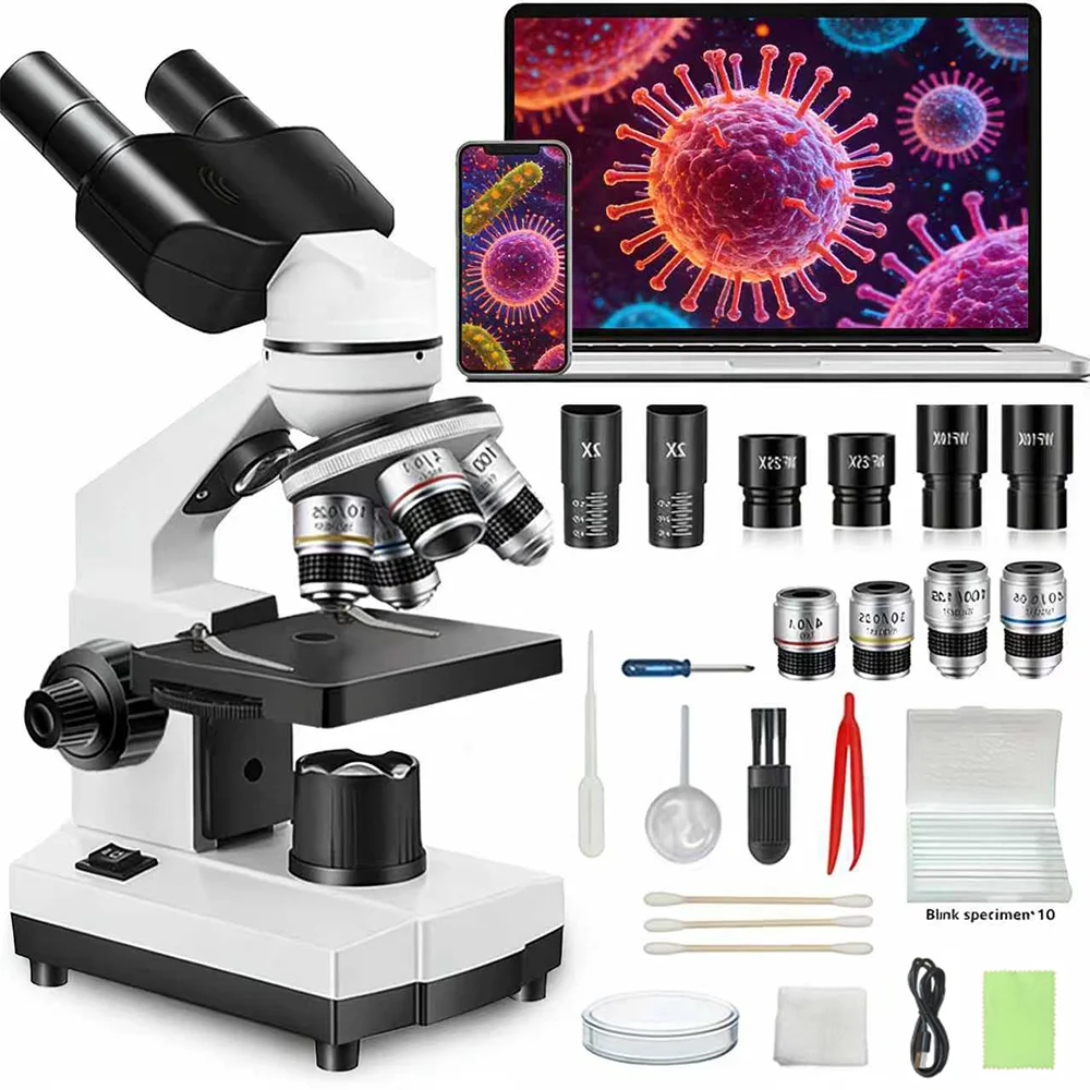 Professional Binocular Microscope 40X-5000X with Dual LED Light, Phone Mount & Complete Slides Kit for Lab, Home School,