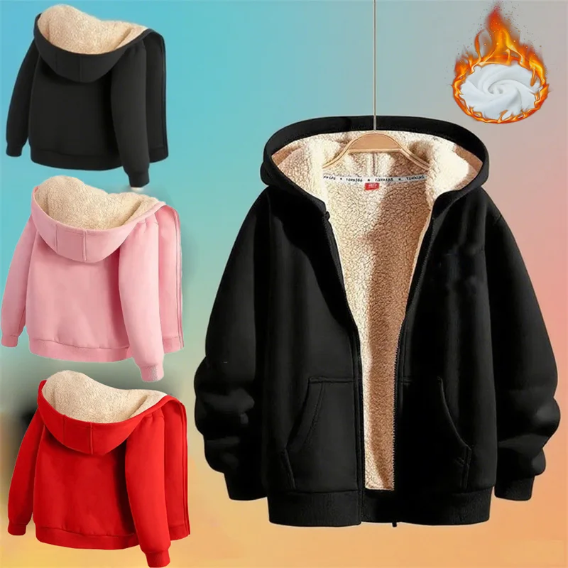 

New Boys Lamb's wool Jackets Kids Girls Padded Thickened Hooded Coats Children Warm Winter Hoodies Teenager Casual Clothing