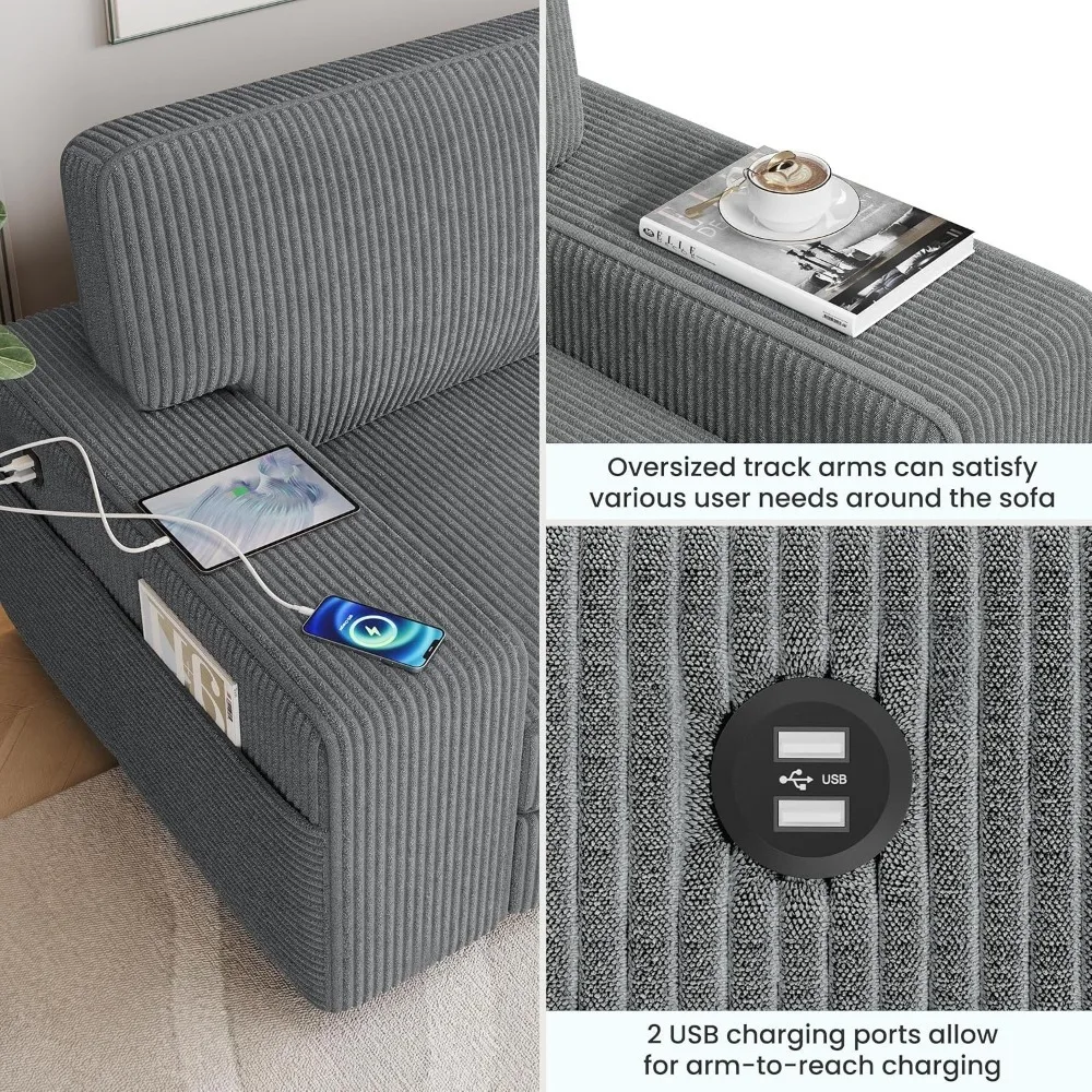 Sofá largo de tecido de veludo cotelê com porta de carregamento USB e bolsa de armazenamento lateral, sofá-cama moderno, 83,5 pol.