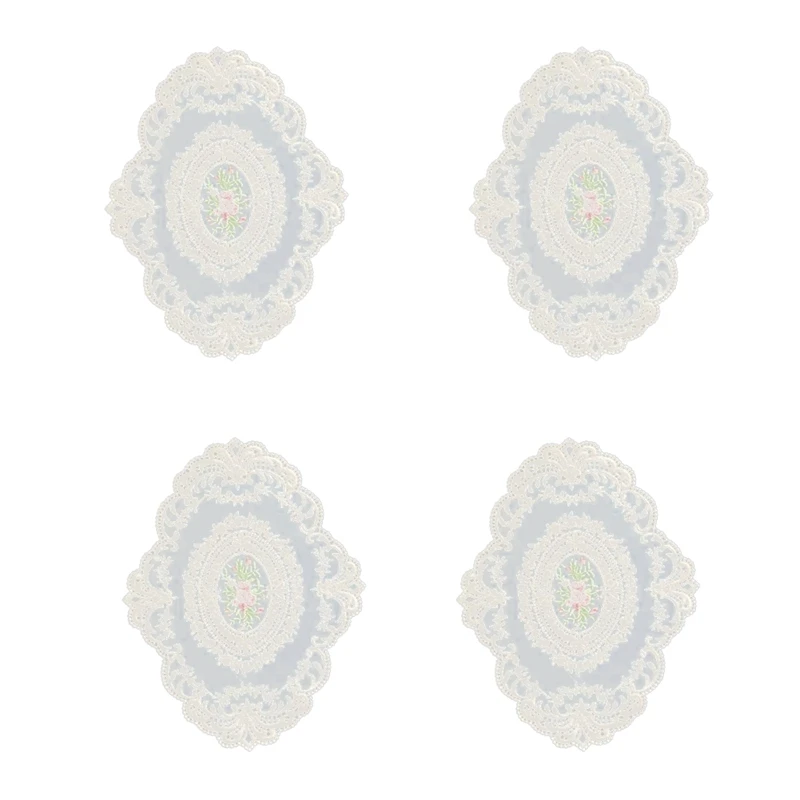 4 Pack Retro Lace Placemats, French Crochet Doilies, Handmade Embroidered Table Mats, 12X16-In Beige Place Mats Cup Mat