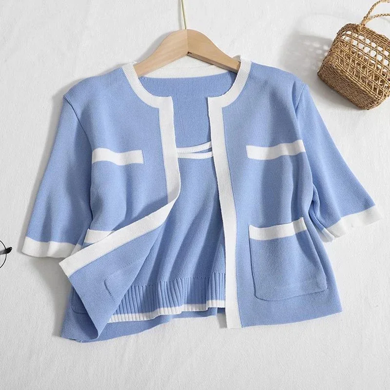 Korean O-neck Short Sleeve Cardigan Coat+suspenders Vest Knitted Womens Two Peice Sets Hit Color Streetwear 2 Piece Sets N512