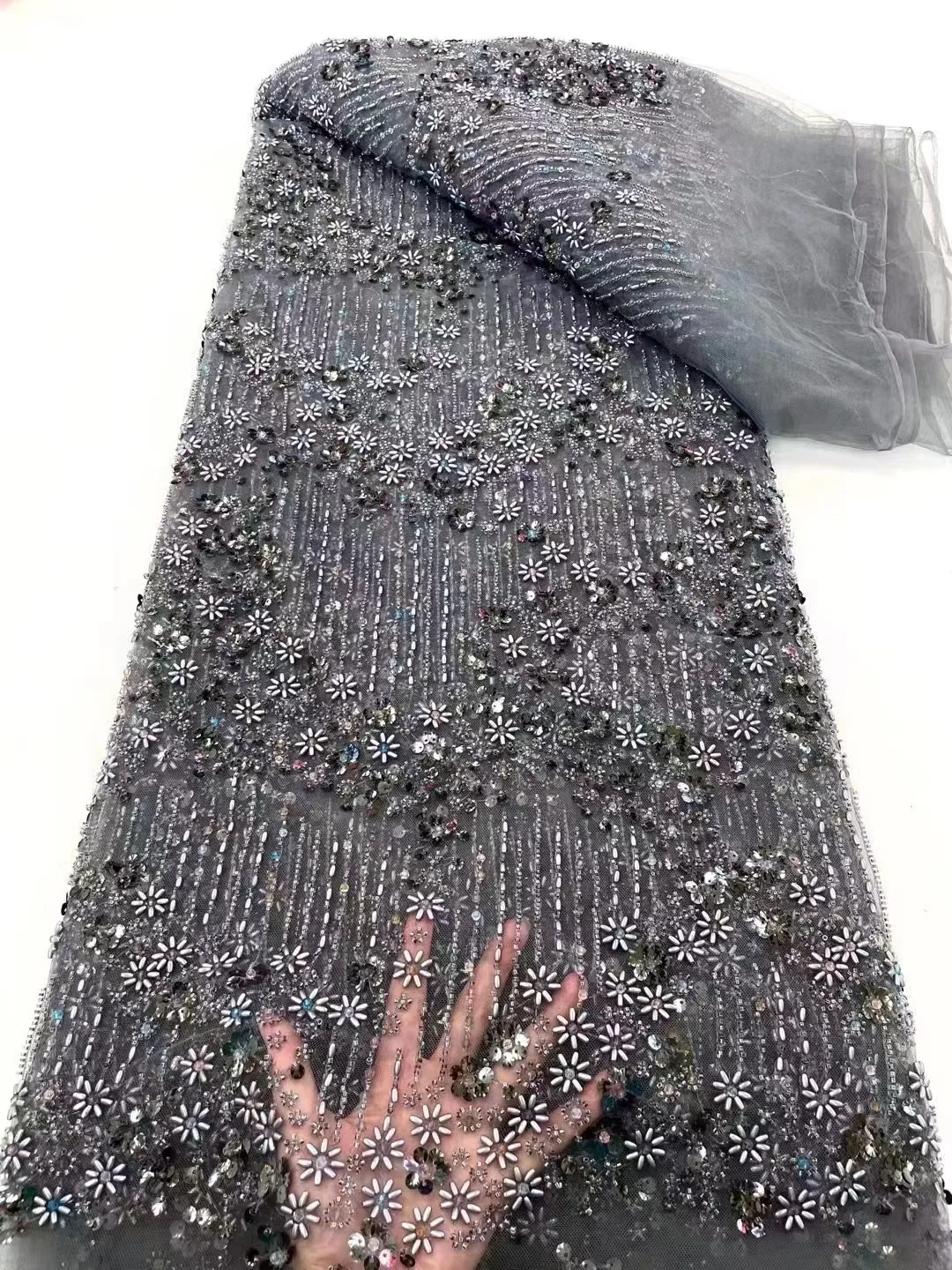 

African Groom Sequins Net Lace Fabrics 2023 High Quality French Mesh Beaded Lace Fabric For Sewing Luxury Wedding Party Dress