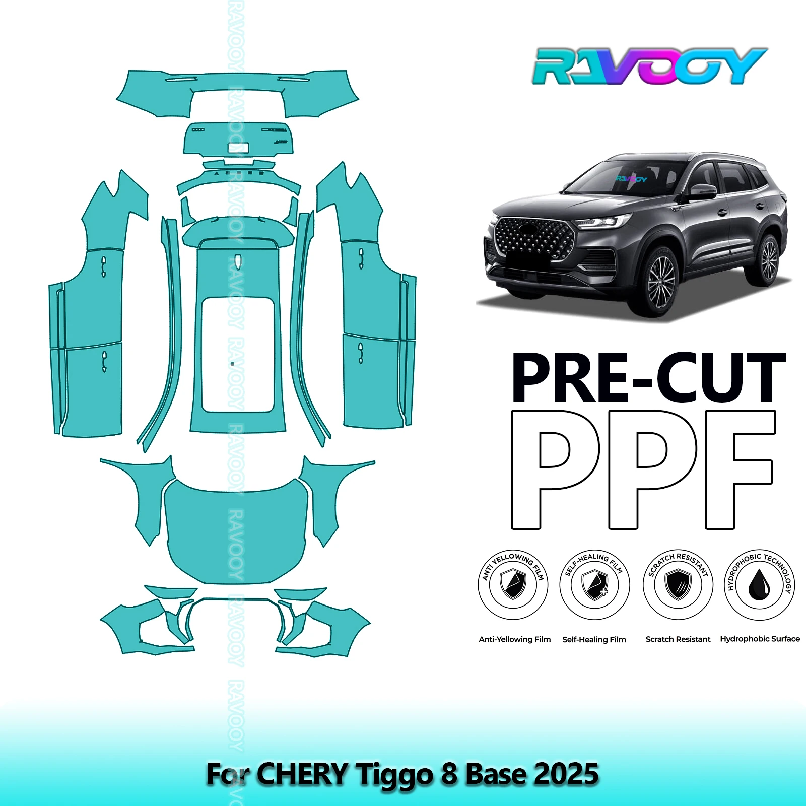 RAVOOY Custom-Fit Precut TPU PPF Full Vehicle Clear Bra Stone Guard EU UK For CHERY Tiggo 8 Base 2025