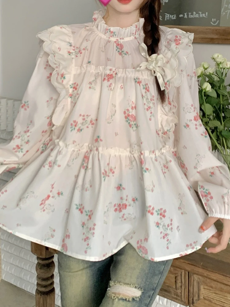 KIMOKOKM Autumn French Sweetheart Sweet Flower Printing Gentle Women Shirt Full Sleeve Lace Ruffles Single Breasted Doll Shirt