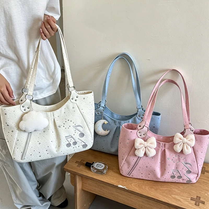 Handtasche mit seitlichem Reißverschluss und Musiknoten-Sternmuster, koreanische Nylon-Umhängetasche, süße, lässige, einfarbige Damen-Einkaufstasche für die Arbeit – Detail 1