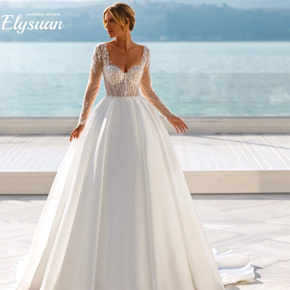 

Customized Modern Lace Applique WeddingDress Sexy Open Back Illusion Long Sleeve A-Line Floor Length Bridal Princess Gowns Robe