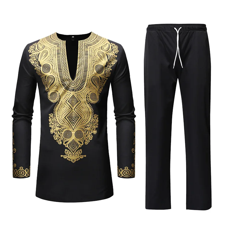 African style print casual medium and long deep V robe T-shirt casual pants set