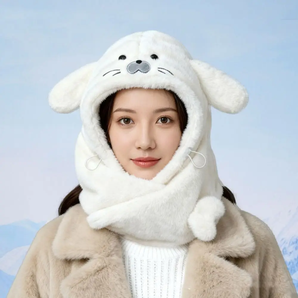 Cute Fleece Seal Plush Hooded Scarf 3 in 1 Solid Color Mask Pullover Hat Beanie Cute Winter Cap Female/Girls