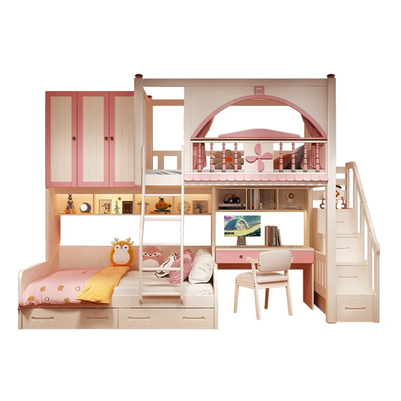 

Full solid wood bed staggered small apartment double bunk bed high and low child and mother bed