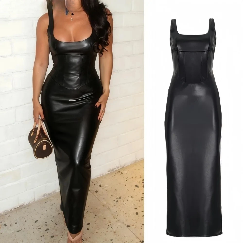 Seksowne, obcisłe sukienki z patchworku ze skóry dla kobiet, sukienki na ramiączkach spaghetti, bez rękawów, z odkrytymi plecami, damska odzież uliczna, vestidos.