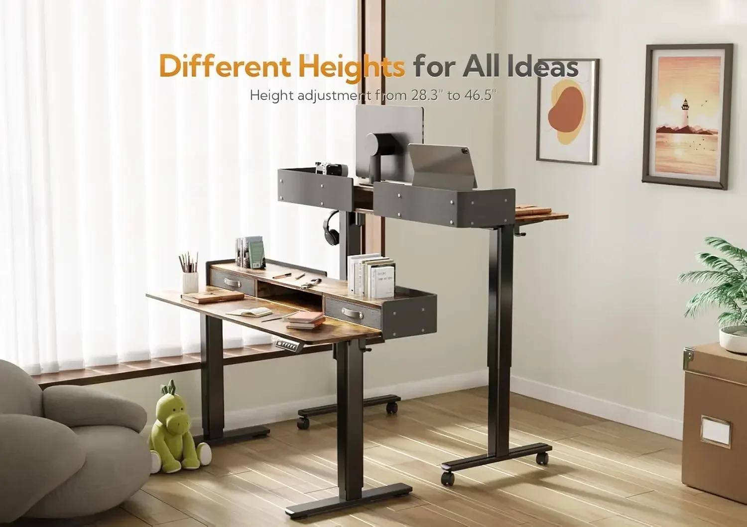 Mesa de pé com gavetas, mesa de pé elétrica de pé com altura ajustável, mesa de suporte para sentar 55 polegadas, marrom rústico