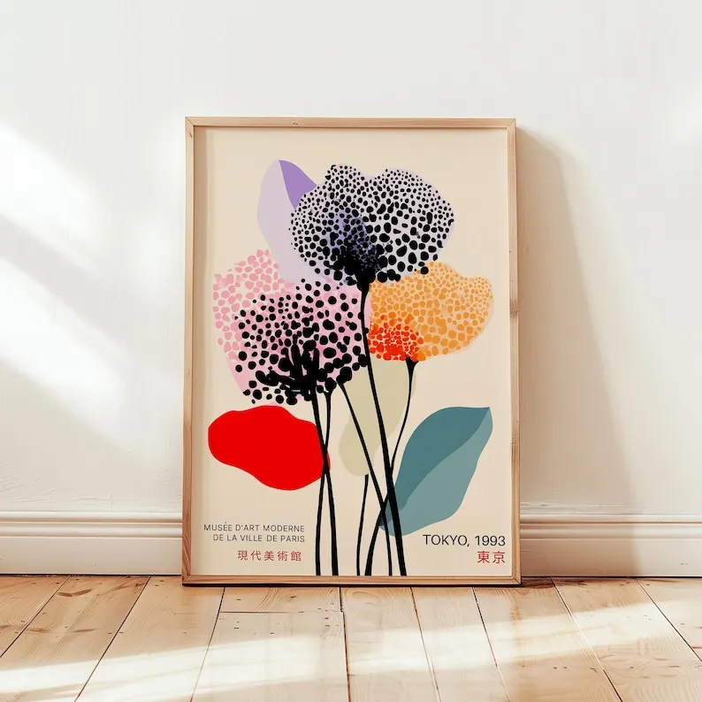 Yayoi Kusama Modernes Blumen-Leinwandposter Rahmenlos Japanischer Abstrakter Punkte-Stil Blumen-Museum Leinwanddruck für Wohnzimmer-Dekoration