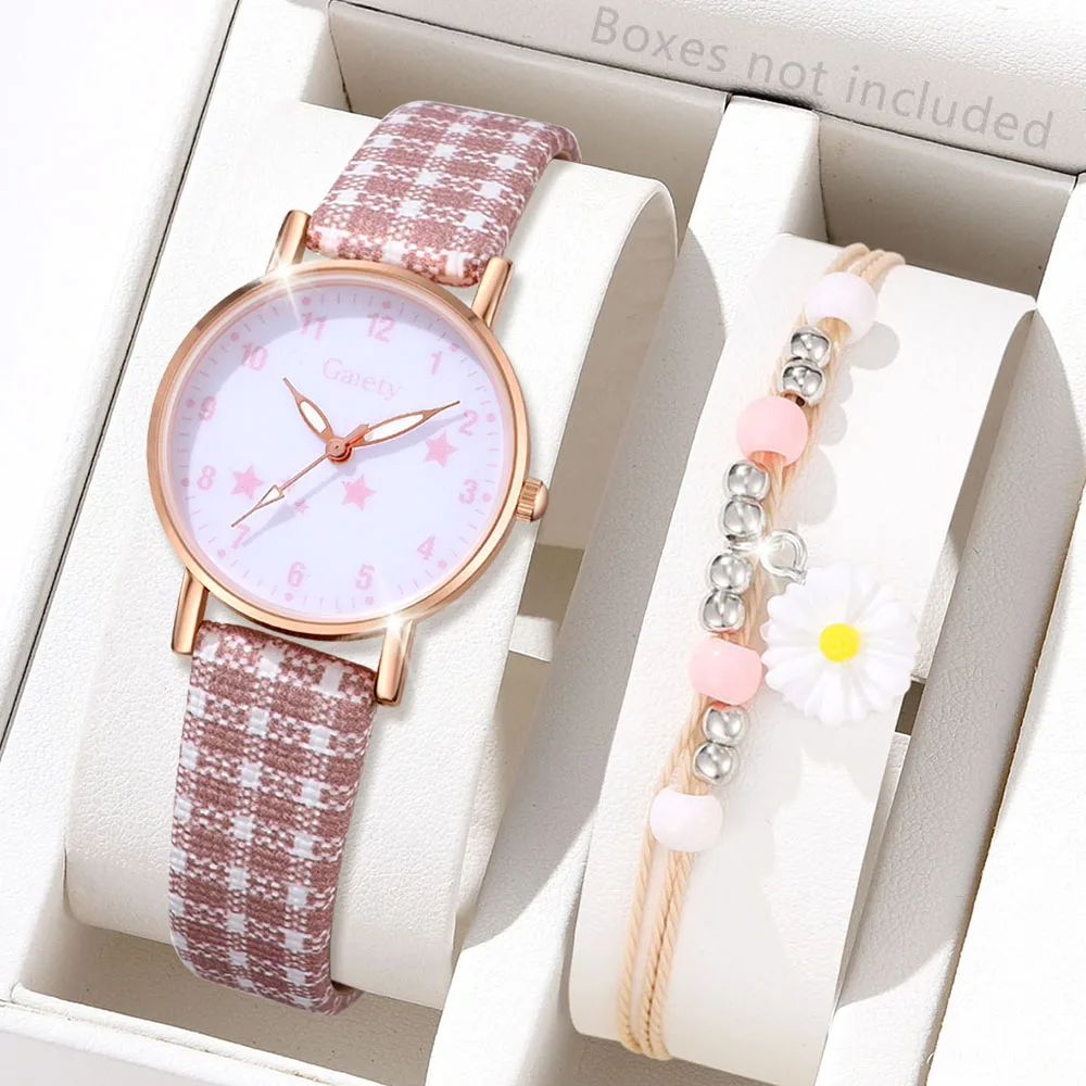 2 Piece Set Of Women\'s Pink Checkered Watch Fashionable And Simple Strap Simulated Quartz Watch Diamond Jewelry Set