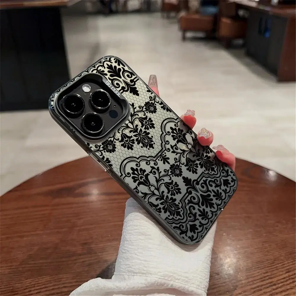 

Black Lace pattern Phone Case For iPhone11 12 13 14 15 16 17Pro Max Air Plus Mini Light luxury high-end colorful silver cases