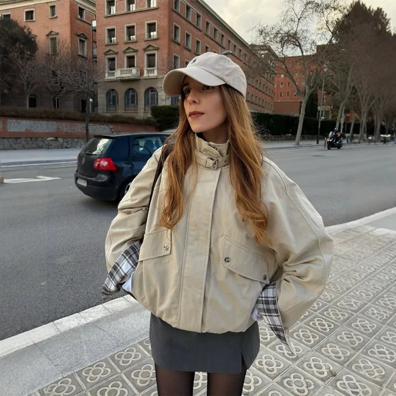 Vintage Khaki Oversized Bomber Jacket Drop Shoulder Long Sleeve Women Plaid Lining Loose Fit Women Streetwear Casual Coat 260702