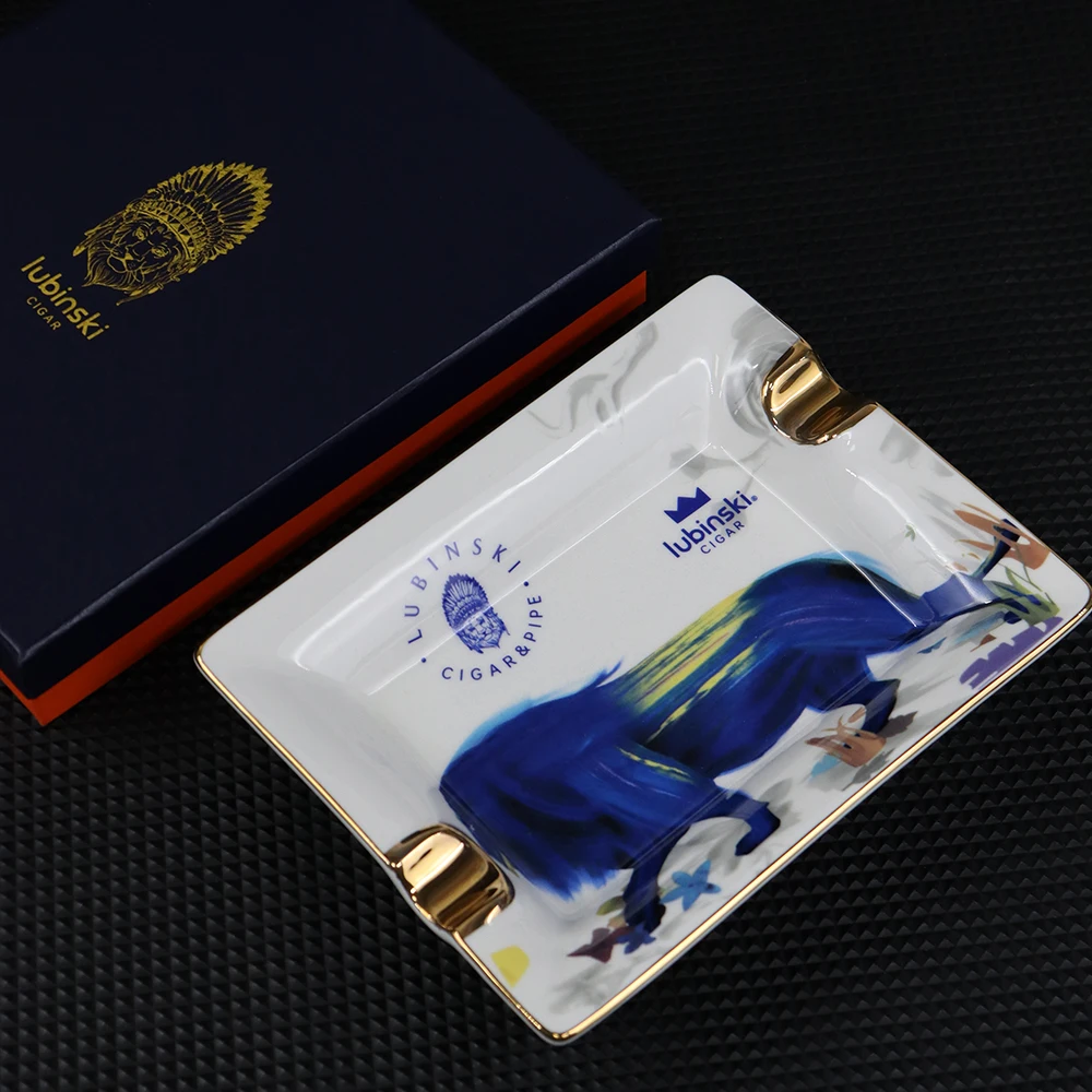 LUBINSKI Luxury Ceramic Outdoor Painting Cigar Ashtray 2 Rest Cigars Ash Holder New 2022 Blue Lion With Gift Box CA-057