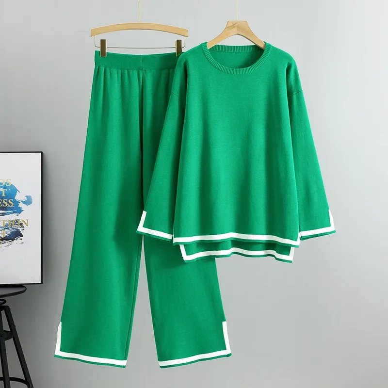 

Korea Knitted Women's Trousers Suit Two Piece Set Green Winter Loose Long Sleeve Knitwear Flare Pants Sets Female Casual Suits
