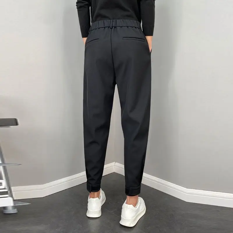 Fashion Men Casual Pants Elastic Waist Small Feet Slim Korean Style Pleated Tapered Male Blazer Pants Trousers Streetwear