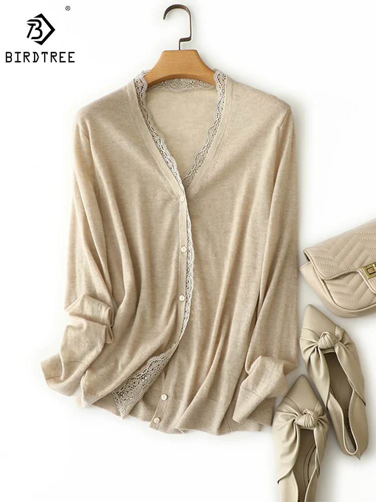 

BirdTree 18Needles Cashmere Thin Sweater For Women, Long Sleeve Lace V-Neck, Elegant Fashion Cardigan, 2024 Spring New C41681QM