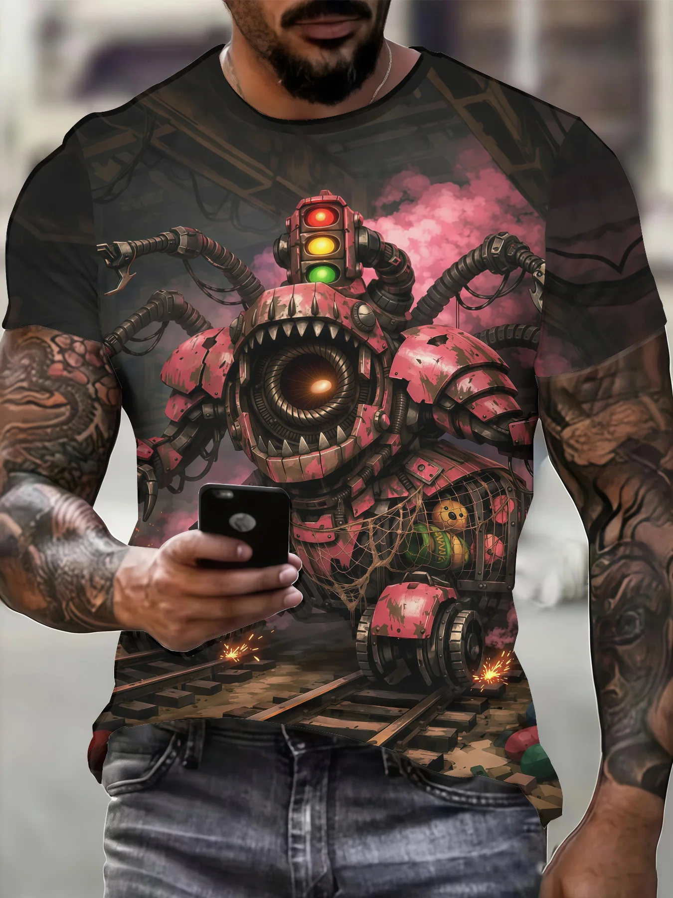 Men Pink Mechanical Monster Train Traffic Light Teeth Track Smoke Punk Print Short Sleeve Crew Neck T-shirt