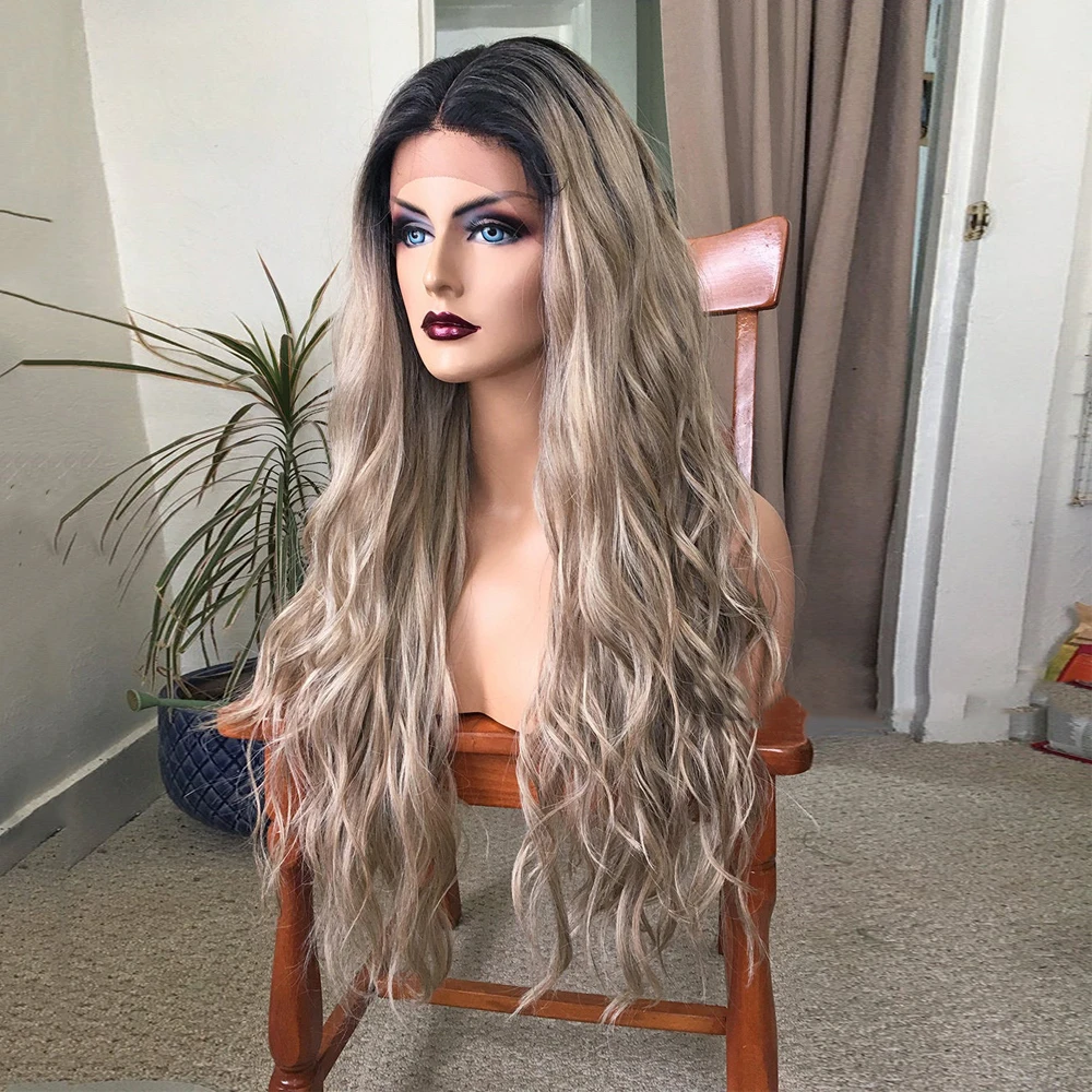 Dark Blonde Mixed Human Hair Lace Front Wig with Ombre Brown Roots Blonde Highlights 24" Long Wavy Synthetic Wigs Heat Resistant