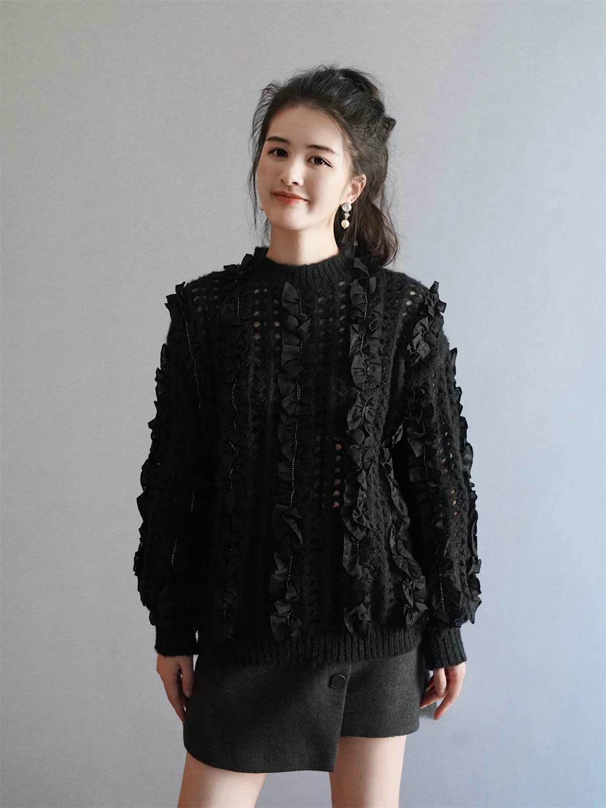 

YANDAN оригинальный модный ретро кружевной дизайн, ажурный шерстяной топ, женский осенне-зимний вязаный топ